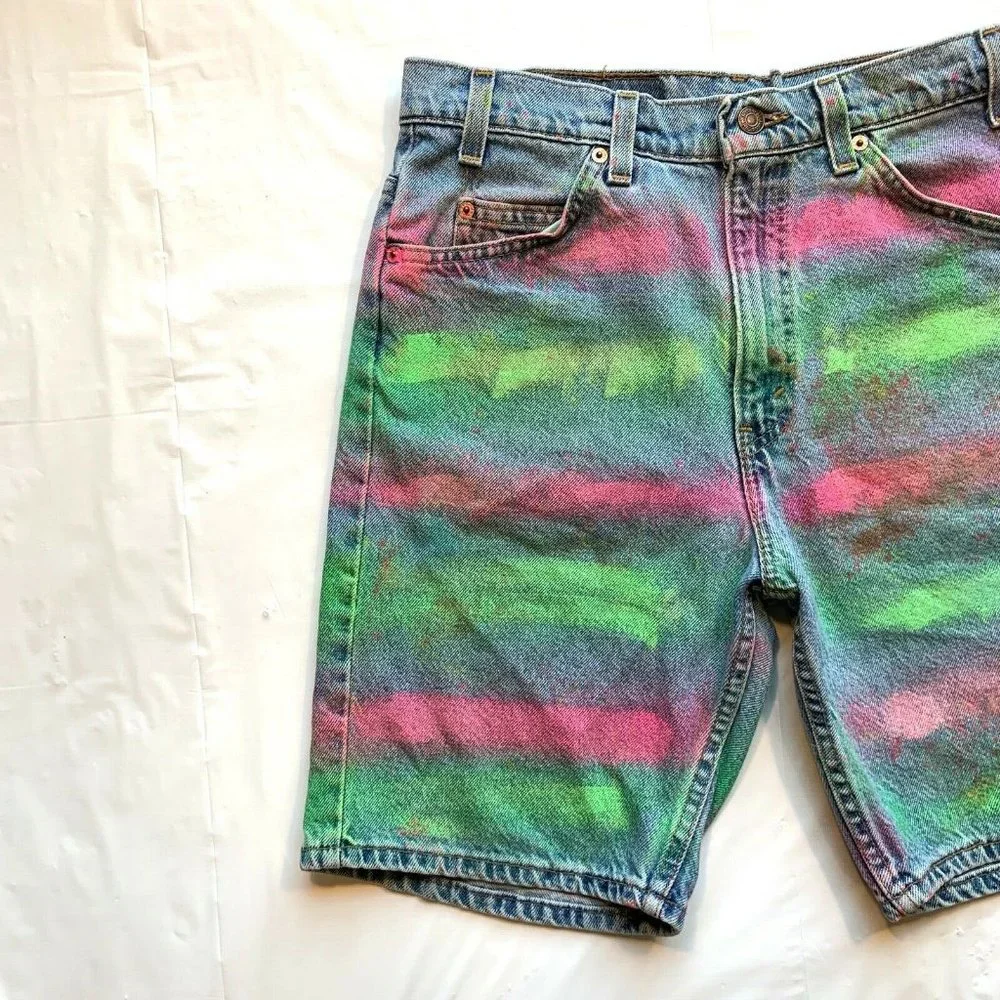 Vintage Levi's 550 Jean Denim Shorts Men 32‎ (31) USA Orange Tab Painted Altered